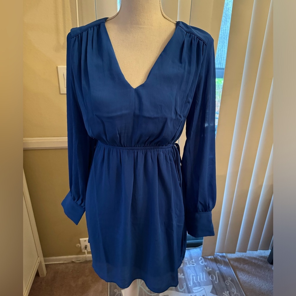 H&M Long Sleeve Blue Dress Brown Cinch Waist - XS
